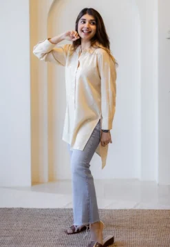 Meera Beige Hand Block Print Slub Cotton A Line Short Top
