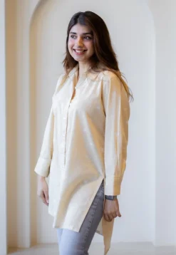 Meera Beige Hand Block Print Slub Cotton A Line Short Top