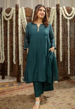 Mehar Emerald Green Chanderi Silk A Line Hand Embroidered Kurta Set (Set of 3)