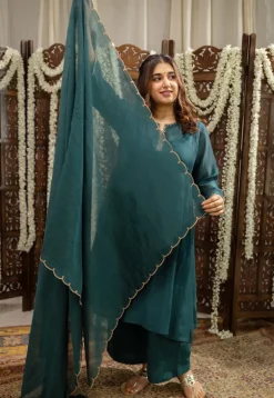 Mehar Emerald Green Chanderi Silk A Line Hand Embroidered Kurta Set (Set of 3)