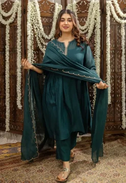 Mehar Emerald Green Chanderi Silk A Line Hand Embroidered Kurta Set (Set of 3)