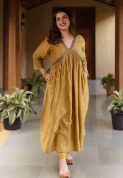 Mehek Mustard Ajrakh Chanderi Silk A Line Kurta with Hand Embroidery