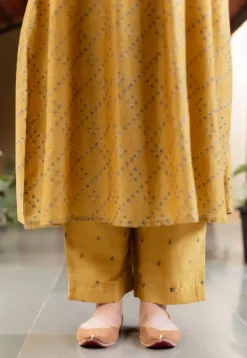 Mehek Mustard Ajrakh Chanderi Silk A Line Kurta with Hand Embroidery