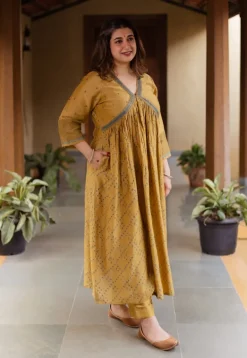 Mehek Mustard Ajrakh Chanderi Silk A Line Kurta with Hand Embroidery