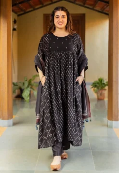 Melina Black Ajrakh Chanderi Silk Jhabba Kali Kurta with Hand Embroidery