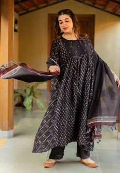 Melina Black Ajrakh Chanderi Silk Jhabba Kali Kurta with Hand Embroidery