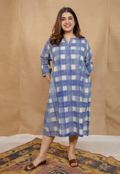Mia Blue Brush Print Cotton A Line Dress