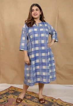Mia Blue Brush Print Cotton A Line Dress