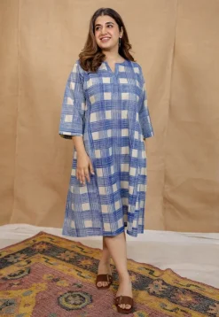 Mia Blue Brush Print Cotton A Line Dress