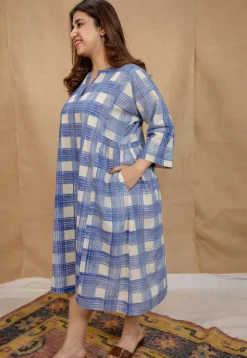 Mia Blue Brush Print Cotton A Line Dress