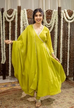 Mohini Lime Green Angrakha Chanderi Silk Gota Patti Kurta Set (Set of 3)