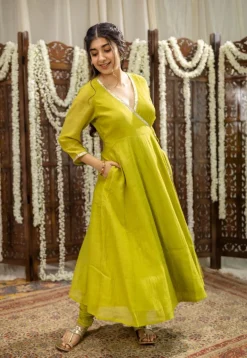 Mohini Lime Green Angrakha Chanderi Silk Gota Patti Kurta Set (Set of 3)