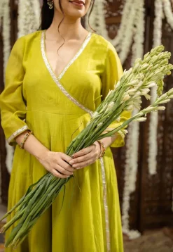 Mohini Lime Green Angrakha Chanderi Silk Gota Patti Kurta Set (Set of 3)