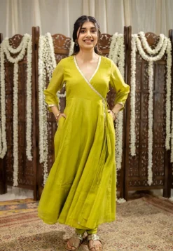 Mohini Lime Green Angrakha Chanderi Silk Gota Patti Kurta Set (Set of 3)