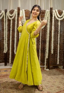 Mohini Lime Green Angrakha Chanderi Silk Gota Patti Kurta Set (Set of 3)