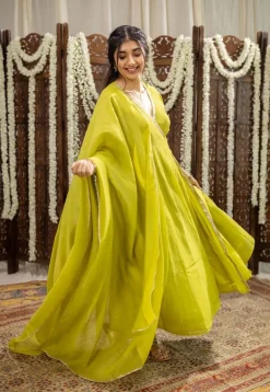 Mohini Lime Green Angrakha Chanderi Silk Gota Patti Kurta Set (Set of 3)
