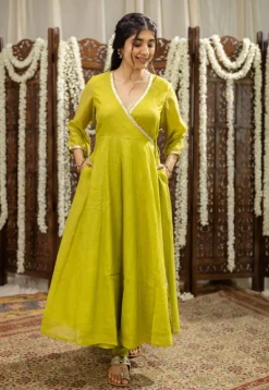 Mohini Lime Green Angrakha Chanderi Silk Gota Patti Kurta Set (Set of 3)