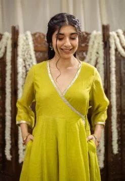 Mohini Lime Green Angrakha Chanderi Silk Gota Patti Kurta Set (Set of 3)