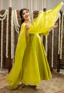 Mohini Lime Green Angrakha Chanderi Silk Gota Patti Kurta Set (Set of 3)