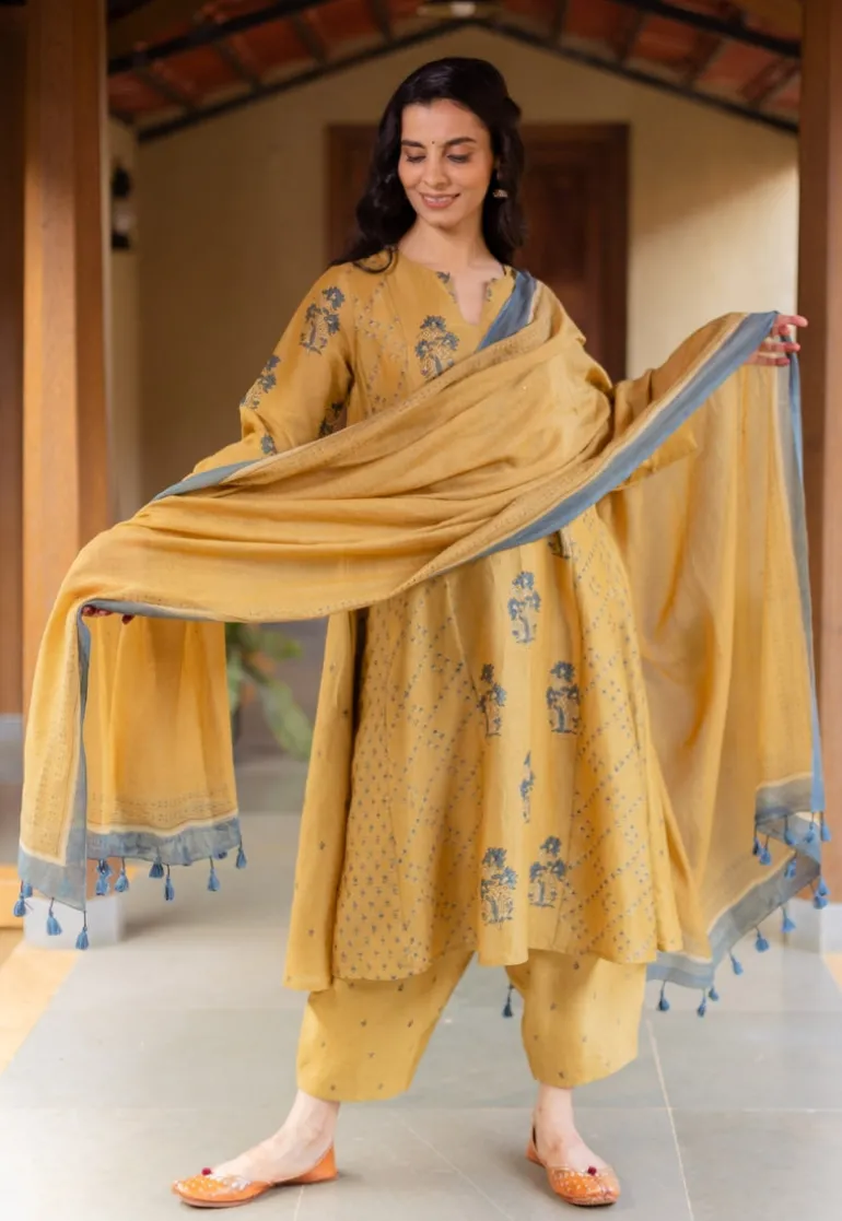 Mustard Ajrakh Chanderi Silk Dupatta with Embroidery