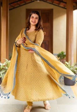 Mustard Ajrakh Chanderi Silk Dupatta with Embroidery