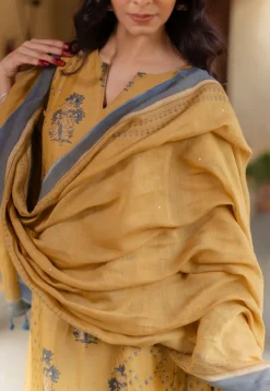 Mustard Ajrakh Chanderi Silk Dupatta with Embroidery