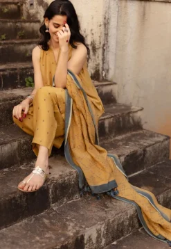 Mustard Floral Line Ajrakh Chanderi Silk Dupatta