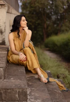 Mustard Floral Line Ajrakh Chanderi Silk Dupatta