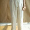 Myra Off White Solid Slub Cotton Straight Pant