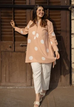 Naaz Peach Hand Block Print Slub Cotton A Line Short Top with Hand Embroidery