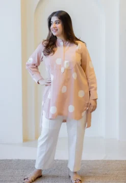 Naaz Peach Hand Block Print Slub Cotton A Line Short Top with Hand Embroidery