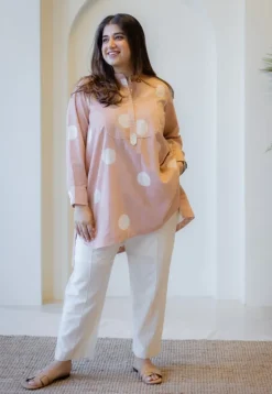 Naaz Peach Hand Block Print Slub Cotton A Line Short Top with Hand Embroidery