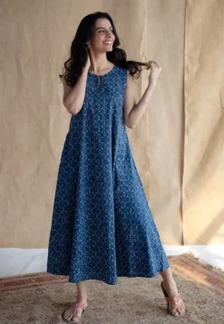 Nafrin Indigo Ajrakh Cotton A Line Dress