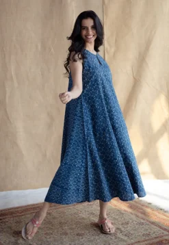 Nafrin Indigo Ajrakh Cotton A Line Dress