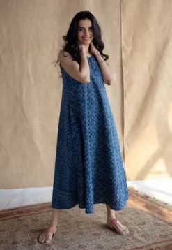 Nafrin Indigo Ajrakh Cotton A Line Dress