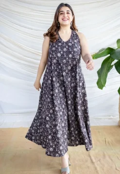 Naimat Black Ajrakh Cotton A Line Dress
