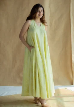 Naimat Lime Green Hand Block Print Slub Cotton A Line Dress