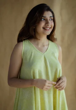 Naimat Lime Green Hand Block Print Slub Cotton A Line Dress