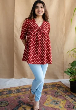 Nakkaashee Maroon Ajrakh Cotton A Line Top