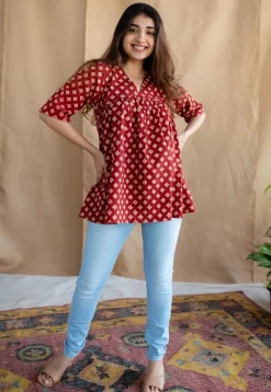 Nakkaashee Maroon Ajrakh Cotton A Line Top