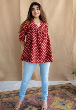 Nakkaashee Maroon Ajrakh Cotton A Line Top