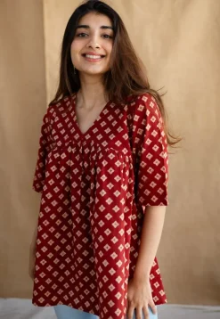 Nakkaashee Maroon Ajrakh Cotton A Line Top