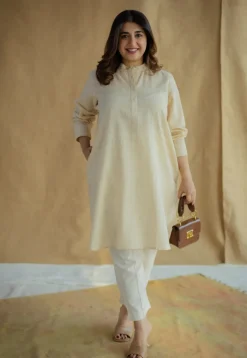 Nashwa Cream Hand Block Print Slub Cotton A Line Kurta
