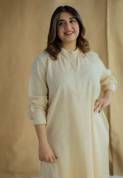 Nashwa Cream Hand Block Print Slub Cotton A Line Kurta