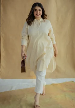 Nashwa Cream Hand Block Print Slub Cotton A Line Kurta
