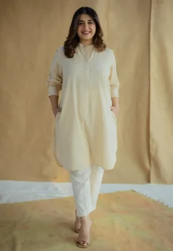 Nashwa Cream Hand Block Print Slub Cotton A Line Kurta