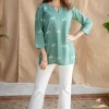 Navya Green Dabu Slub Cotton Straight Short Top with Embroidery