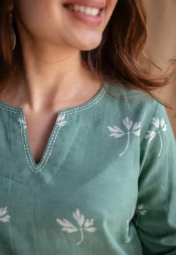 Navya Green Dabu Slub Cotton Straight Short Top with Embroidery