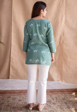Navya Green Dabu Slub Cotton Straight Short Top with Embroidery