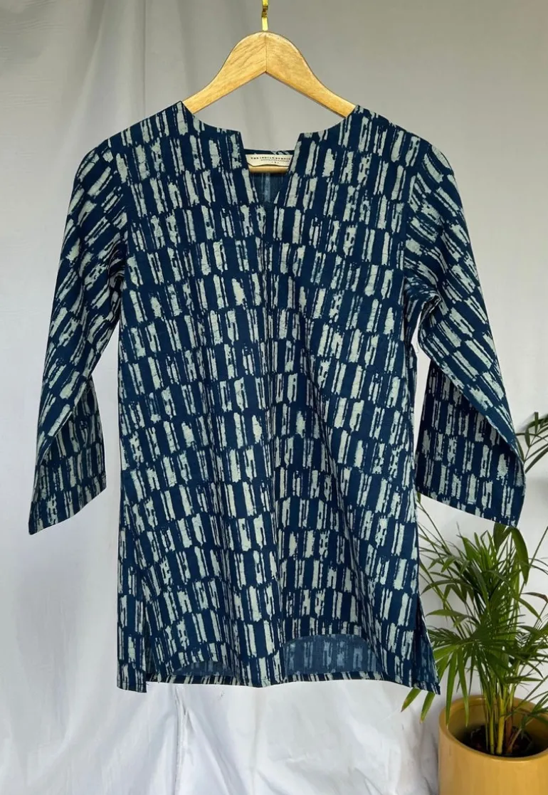 Navya Indigo Dabu Cotton Straight Short Top